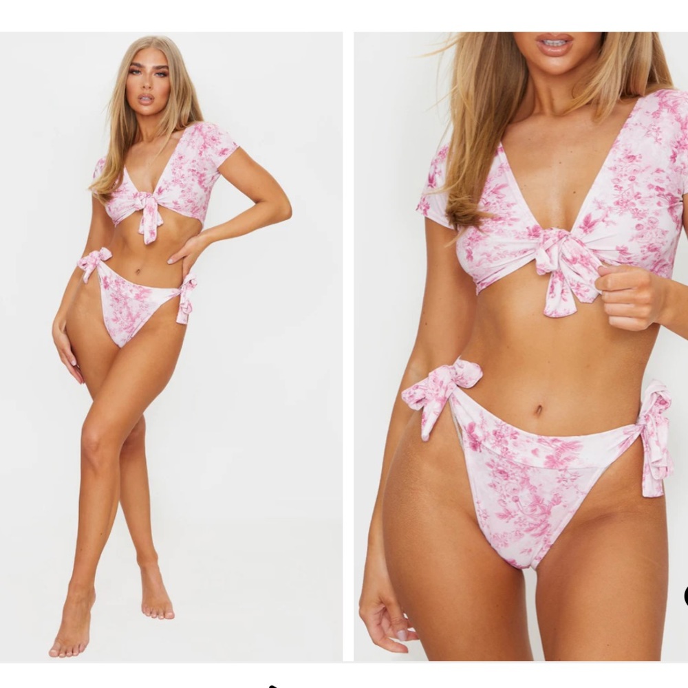 Pretty Little Thing pink floral tie bikini set - Picture 1 of 3
